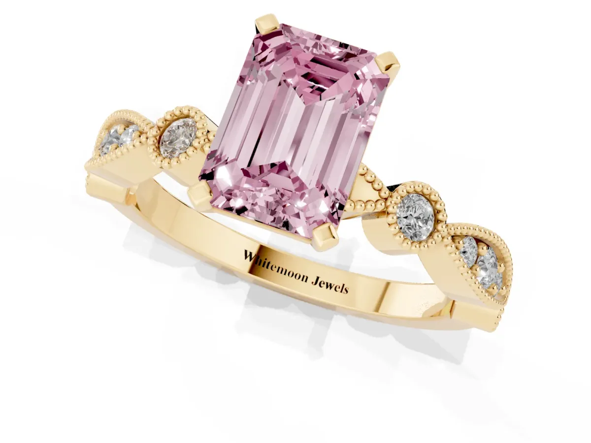 Fancy Pink Emerald Cut Milgrain Bezel Diamond Engagement Ring with Solitaire Prong Setting Yellow gold