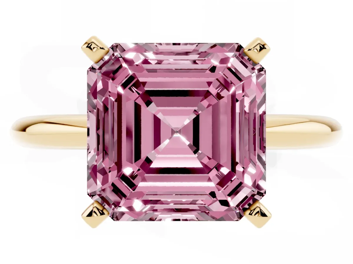 Fancy Pink Asscher Cut Diamond Solitaire Ring with Prong Setting and Classic Band Yellow gold
