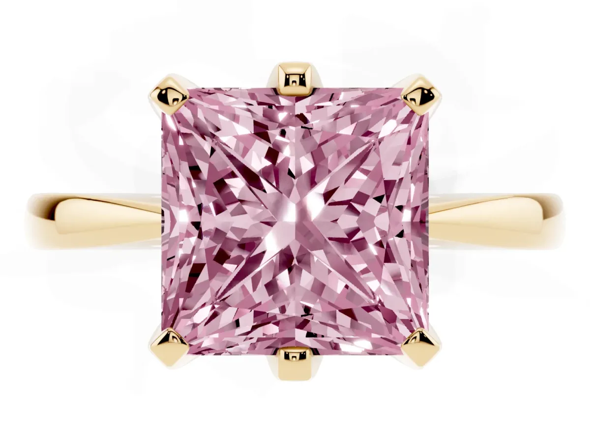 Fancy Pink Princess Cut Solitaire Engagement Ring with Six-Prong Setting and Tapered Band Yellow gold