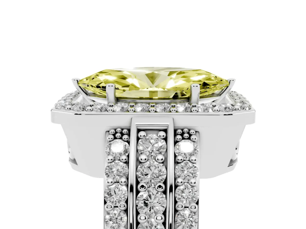 Fancy Yellow Marquise Cut Halo Diamond Ring with Round Split Shank and Prong Setting Silver
