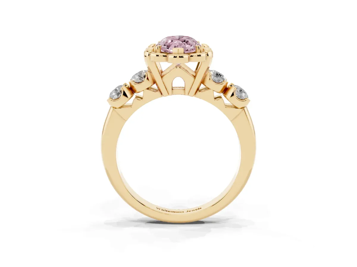 Fancy Pink Marquise Cut Cut Diamond Floral Halo Engagement Ring with Shared Prong Setting Yellow gold