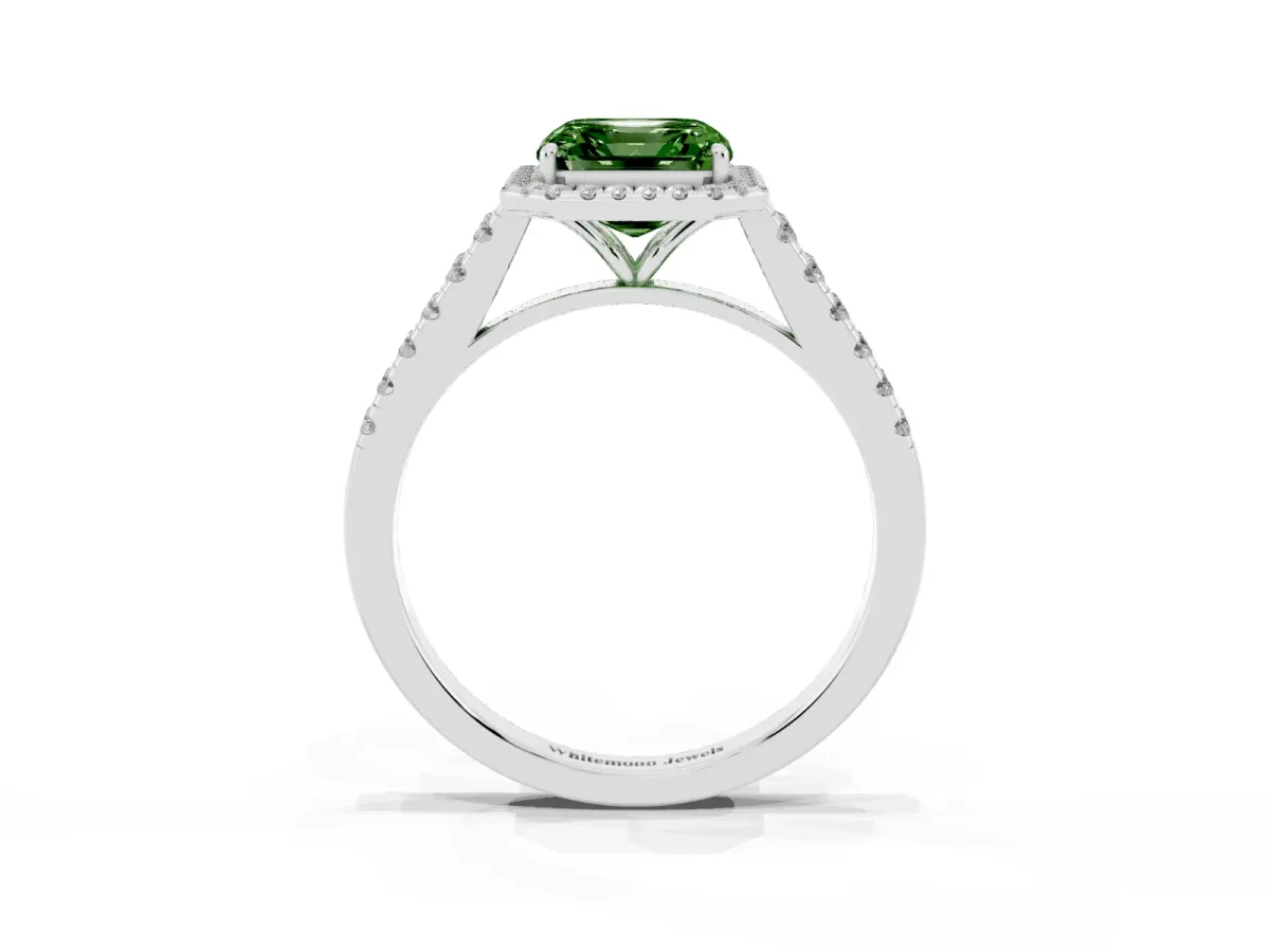 Fancy Green Asscher Cut Halo Pave Diamond Engagement Ring with Four-Prong Setting Platinum