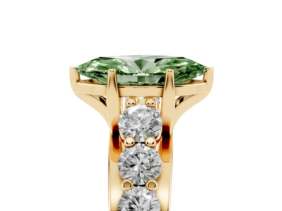 Fancy Green Marquise Cut Diamond Engagement Ring with Pavé Band and Four-Prong Setting Yellow gold