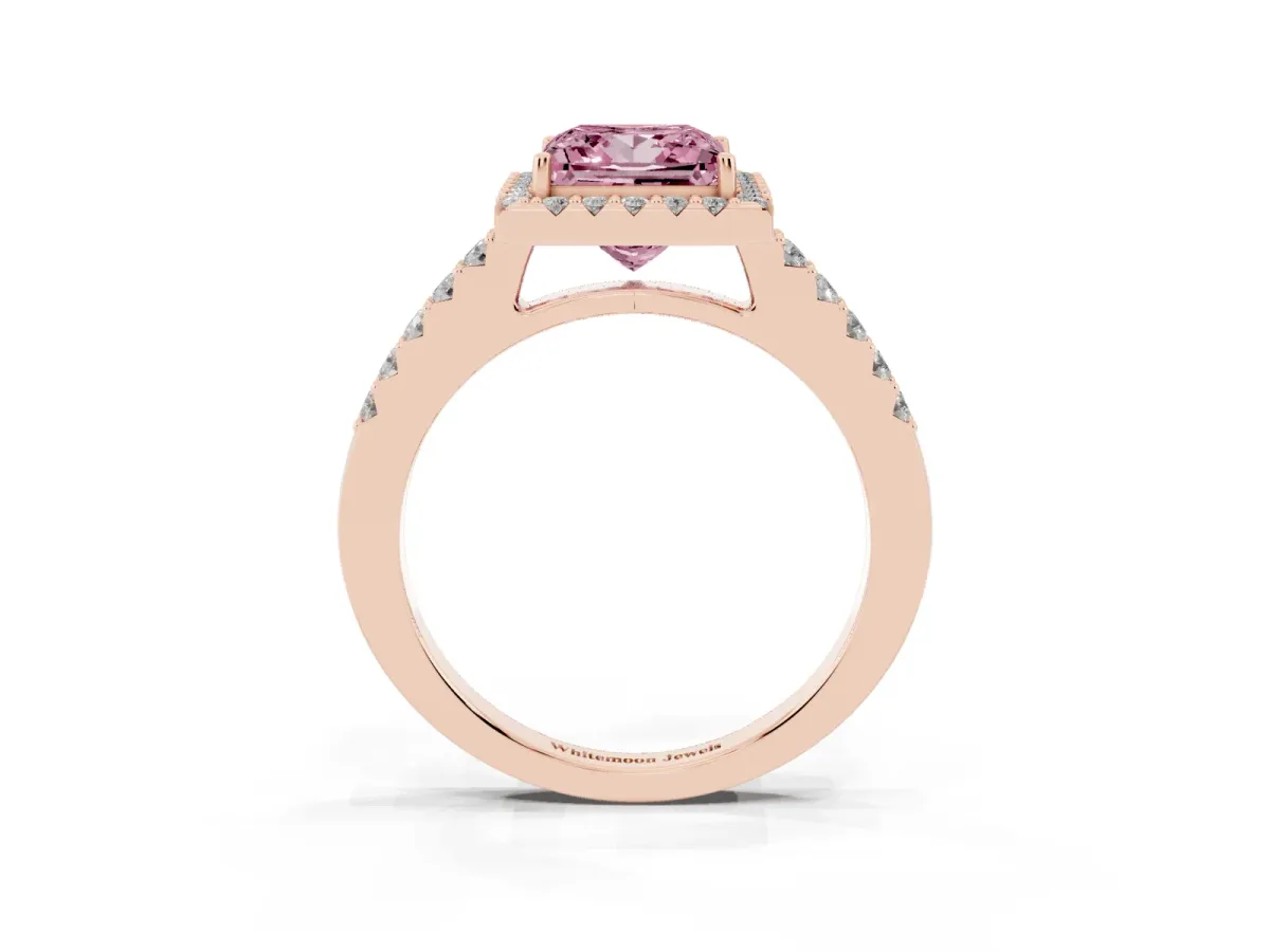 Fancy Pink Princess Cut Halo Diamond Pavé Solitaire Ring Rose gold