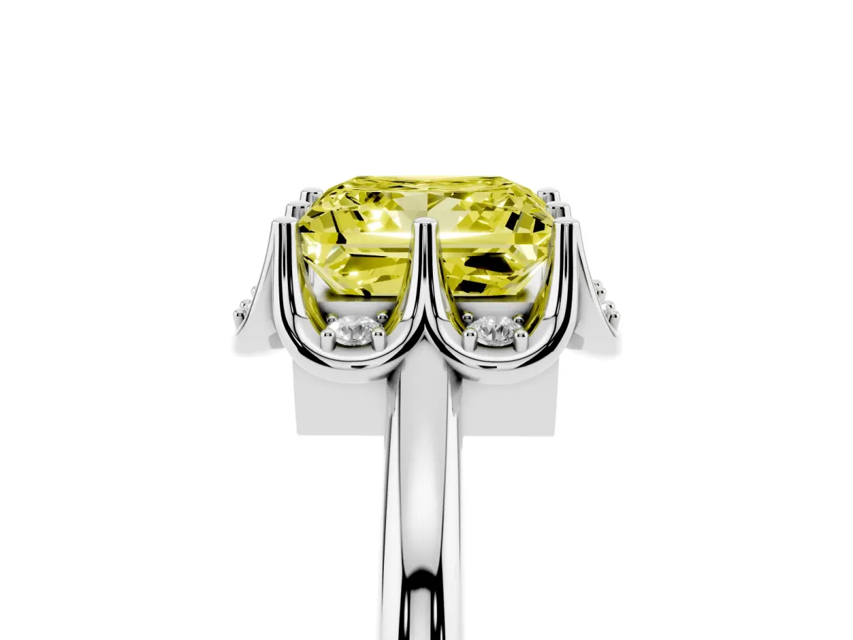 Fancy Yellow Princess Cut Halo Diamond Ring with Round Cluster Setting, Solitaire Band, and Four-Prong Setting Silver