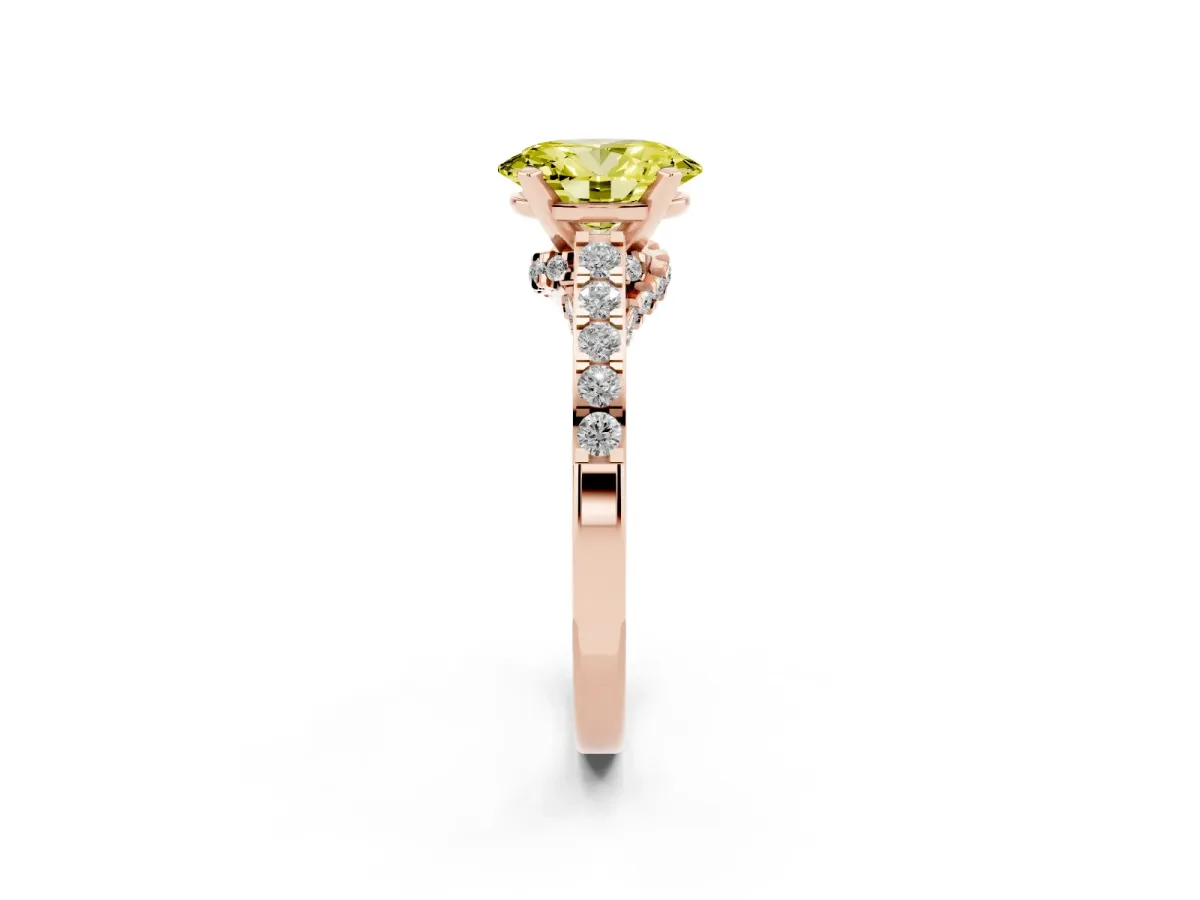 Fancy Yellow Oval Cut Diamond Solitaire Ring with Crossover Gallery and Round Pavé Band Rose gold