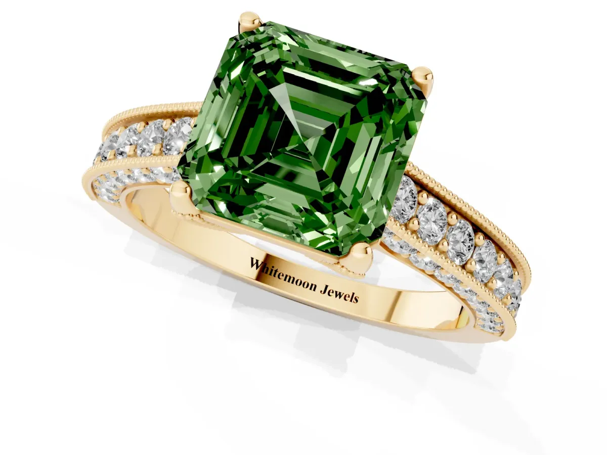 Fancy Green Asscher Cut Cut Diamond Solitaire Ring with Milgrain Pave Band and Four Prong Setting Yellow gold