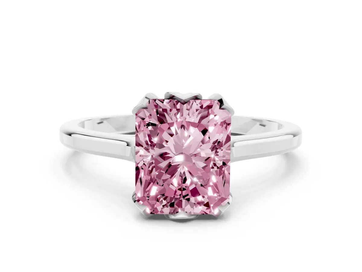 Fancy Pink Radiant Cut Diamond Solitaire Ring with Flower Prong Setting and Classic Band Platinum