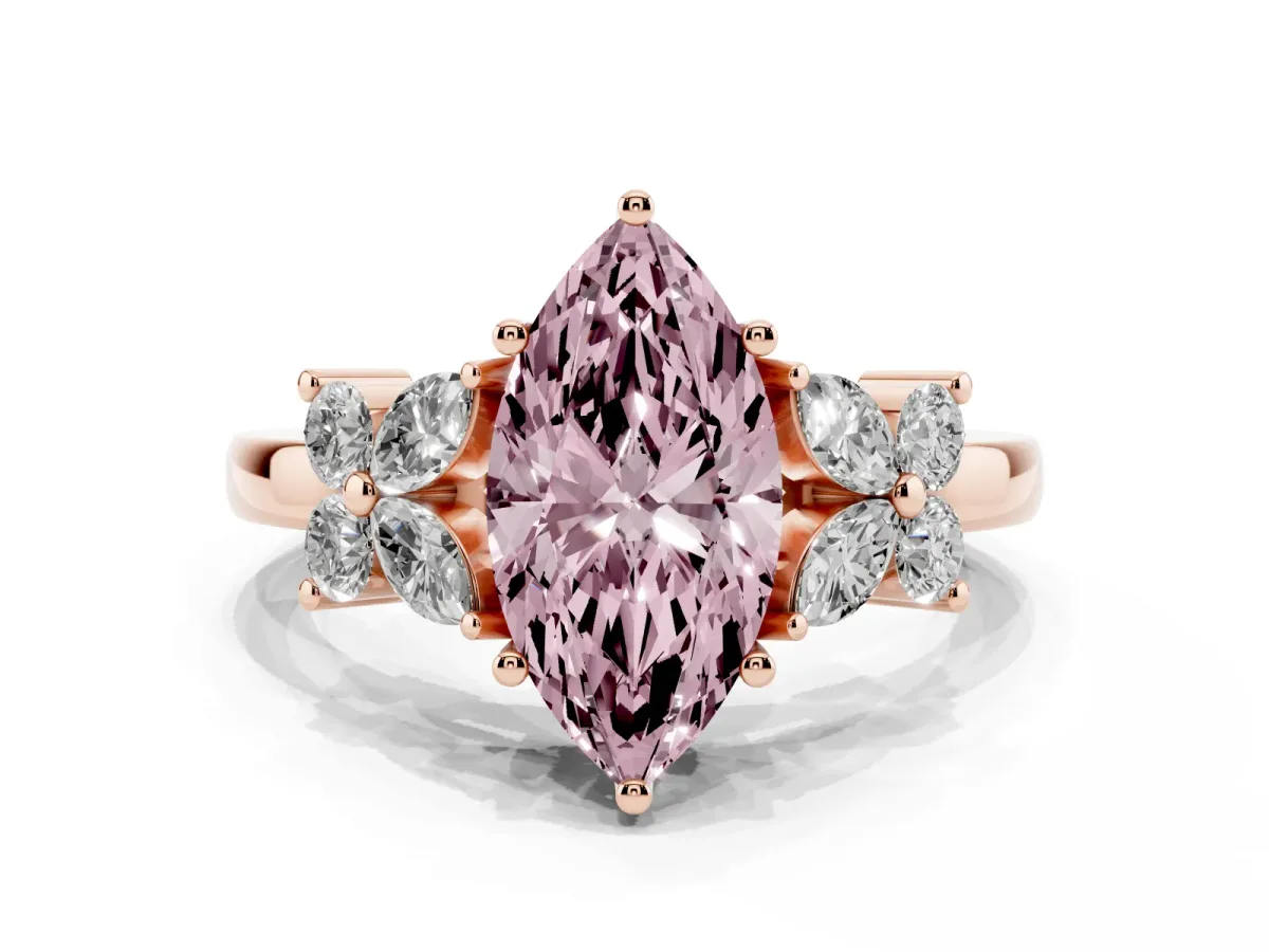 Fancy Pink Marquise Cut Diamond Floral Cluster Ring with Solitaire Band and Prong Setting Rose gold