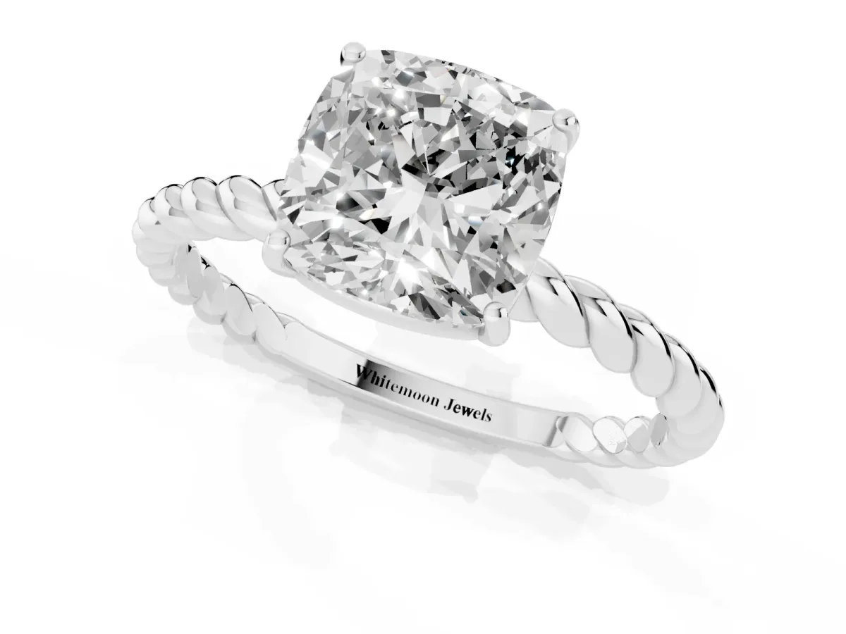 Cushion Cut Solitaire Twisted Band 4-Prong Ring White gold