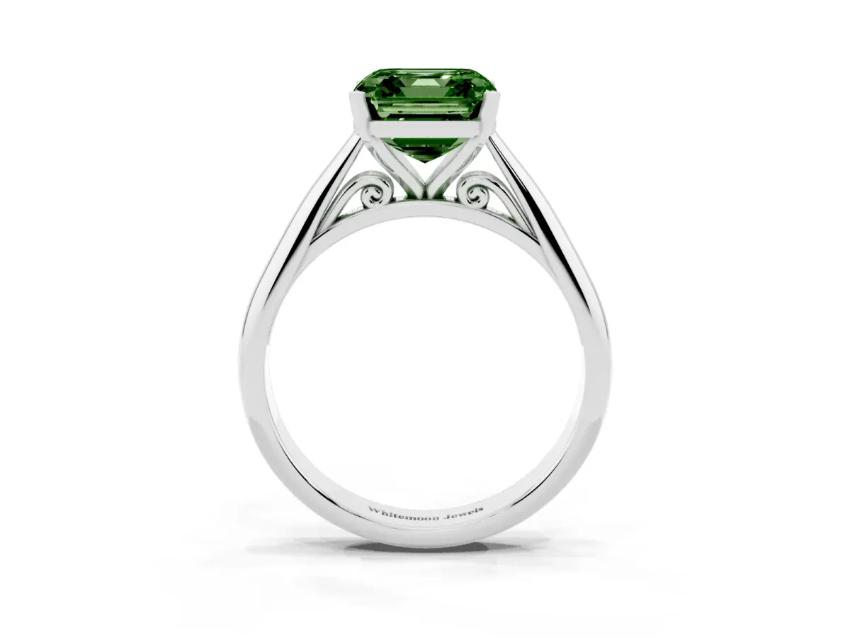 Fancy Green Asscher Cut Diamond Solitaire Engagement Ring with Cathedral Setting and Four-Prong Mount Silver