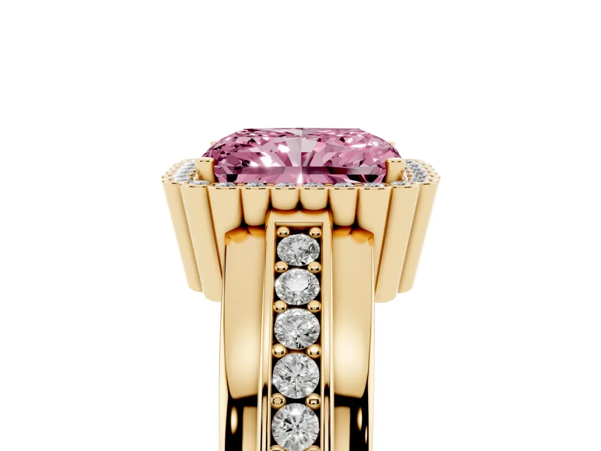 Fancy Pink Radiant Cut Cut Halo Pave Band Four-Prong Ring Yellow gold
