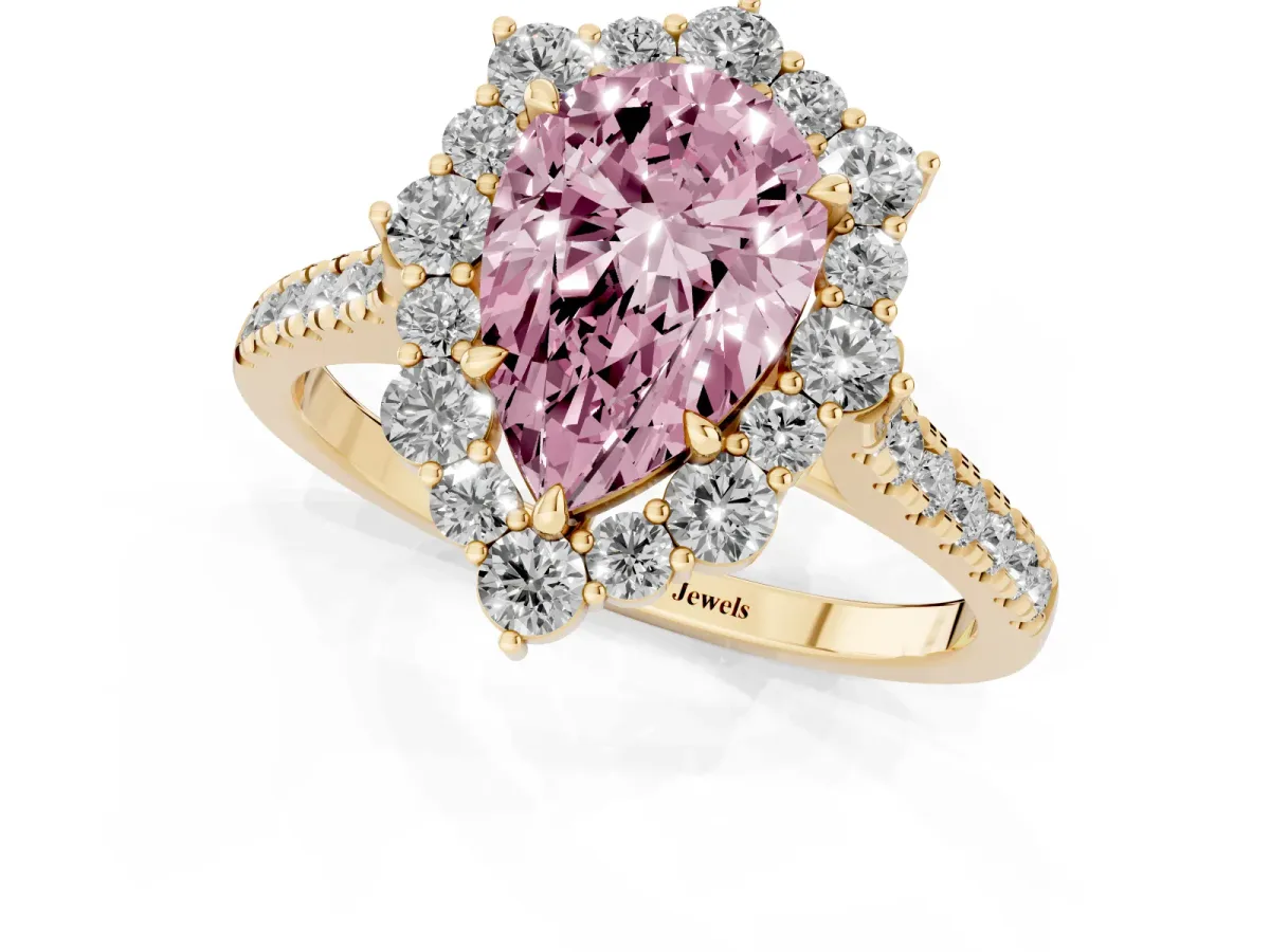 Fancy Pink Pear Cut Halo Diamond Ring with Pavé Band and Prong Setting Yellow gold