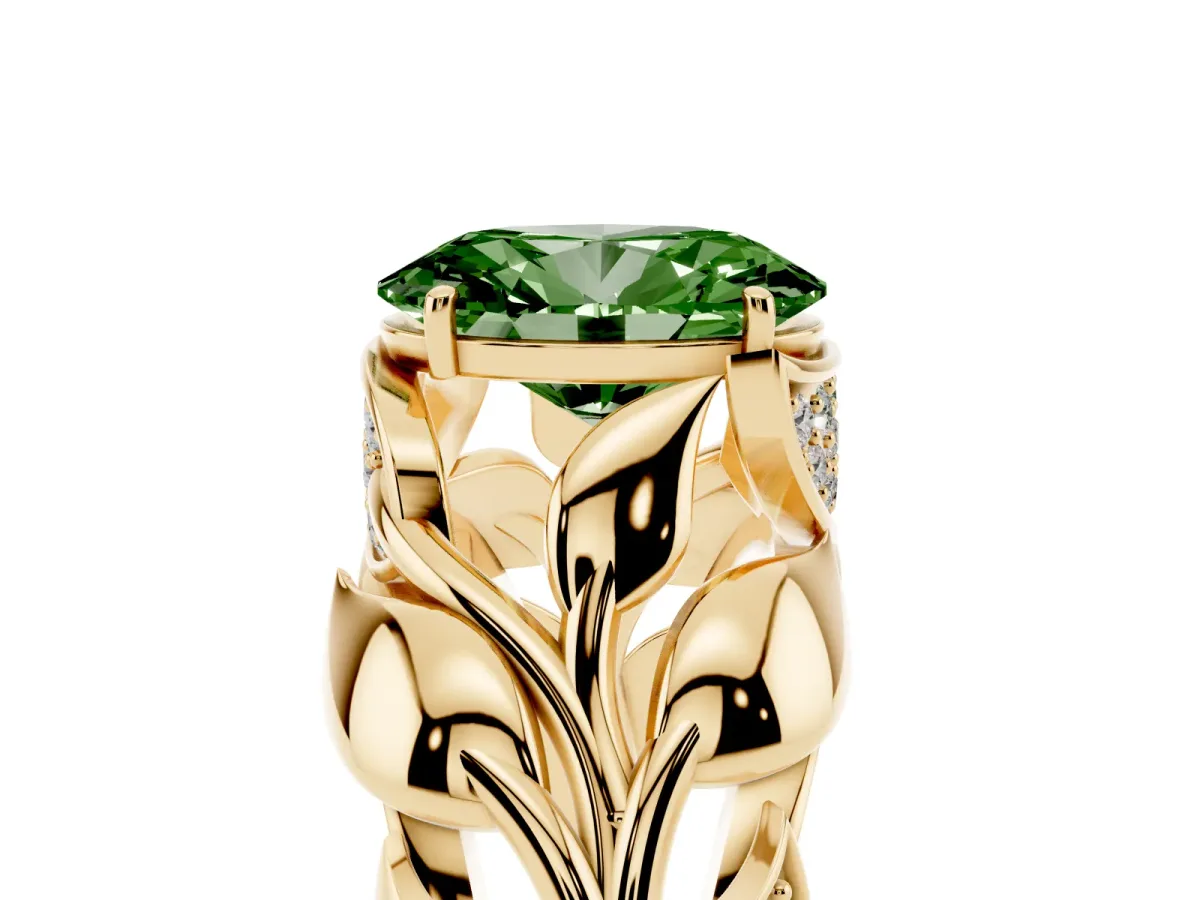 Fancy Green Oval Cut Diamond Leaf-Inspired Engagement Ring with Round Accents and Prong Setting Yellow gold