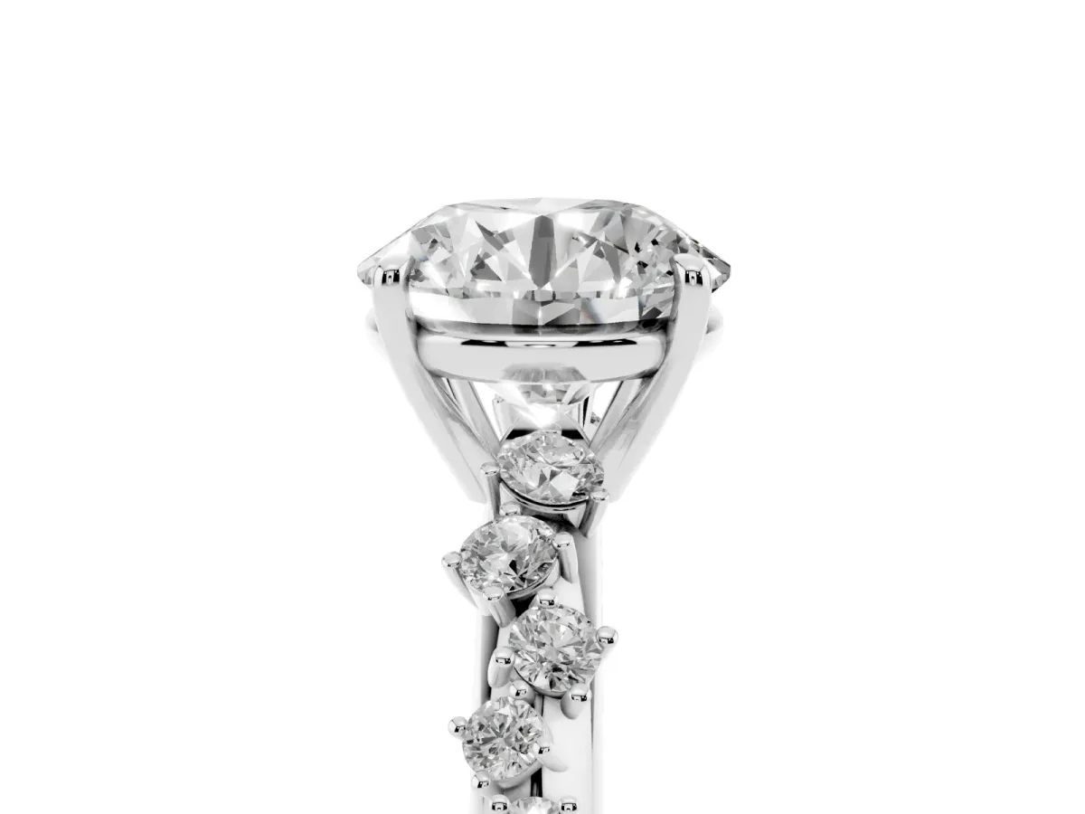 Round Cut Diamond Cluster Side Stone Solitaire Ring with Prong Setting Silver