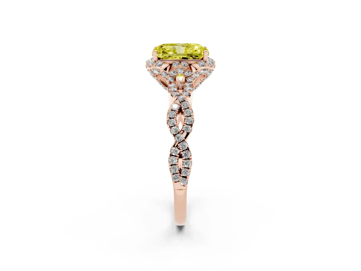 Fancy Yellow Radiant Cut Halo Twist Band Solitaire Ring with Six-Prong Setting Rose gold