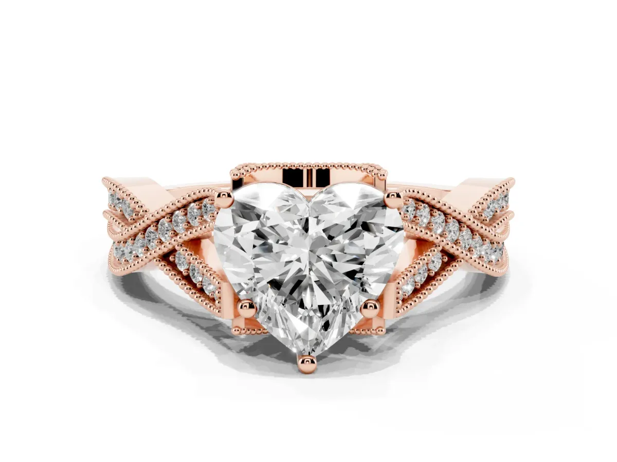 Heart Cut Cut Diamond Twisted Band with Milgrain Pave Setting and Four-Prong Setting Rose gold
