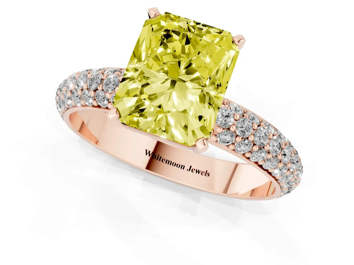 Fancy Yellow Radiant Cut Diamond Solitaire Ring with Prong Setting and Pavé Band Rose gold