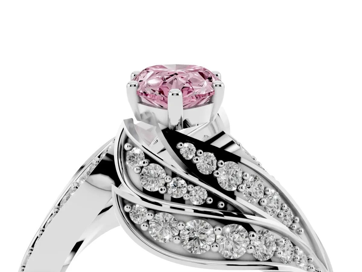 Fancy Pink Pear Cut Diamond Solitaire Ring with Prong Setting and Twisted Pavé Band Silver