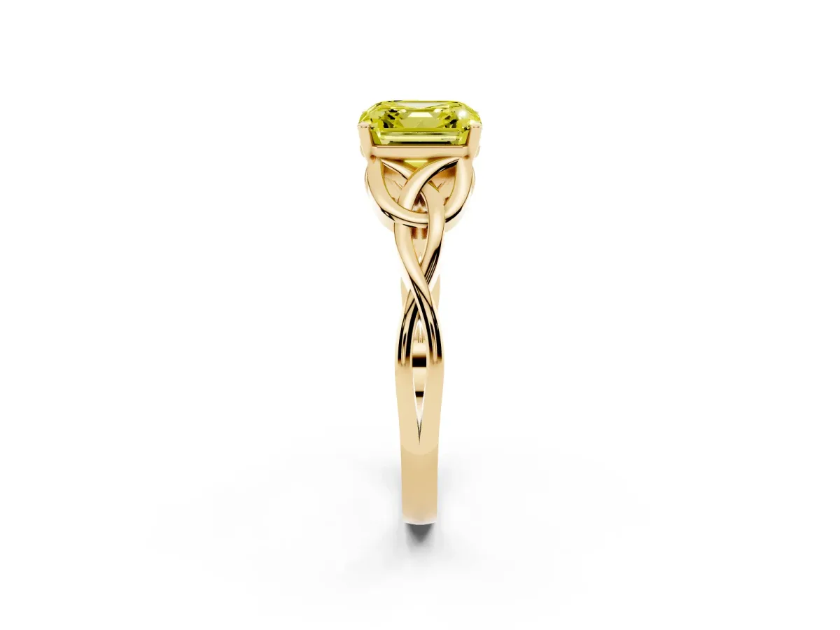 Fancy Yellow Asscher Cut Diamond Solitaire Engagement Ring with Celtic Knot Band and Four-Prong Setting Yellow gold