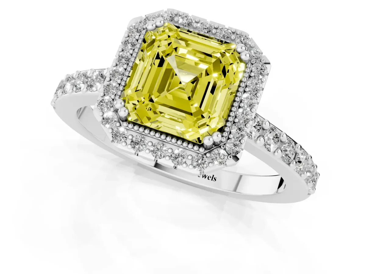 Fancy Yellow Asscher Cut Cut Diamond Halo Engagement Ring with Milgrain Detail and Pavé Band Silver