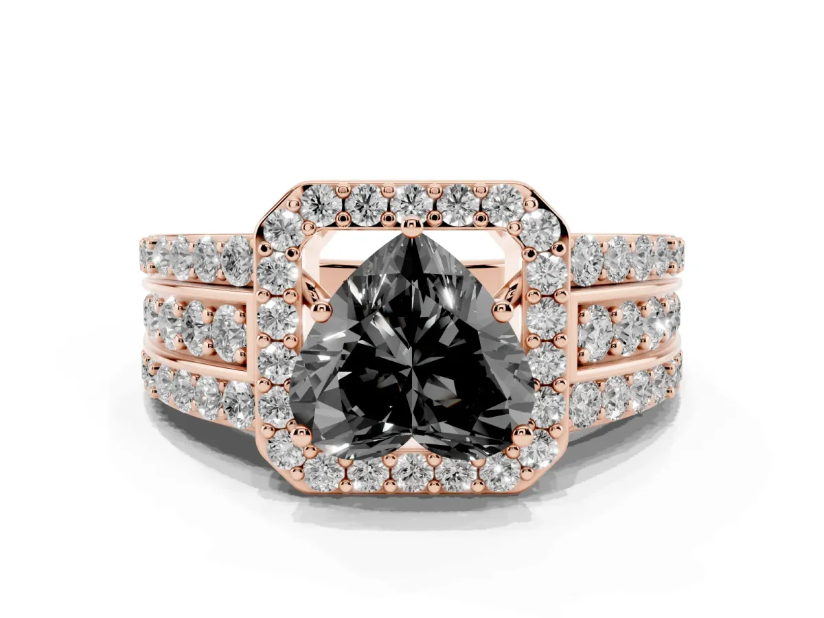 Fancy Black Heart Cut Halo Diamond Ring with Round Split Shank and Prong Setting Rose gold