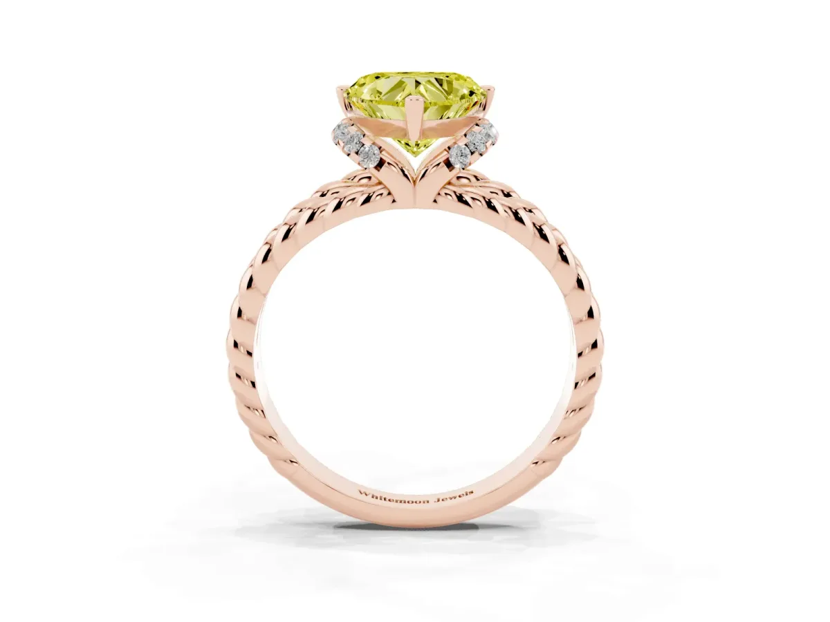 Fancy Yellow Heart Cut Halo Twisted Band Four-Prong Ring Rose gold