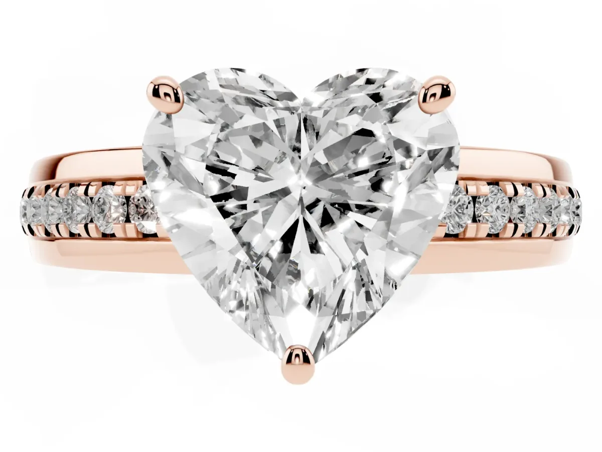 Heart Cut Solitaire Diamond Ring with Channel Set Band and Six-Prong Setting Rose gold