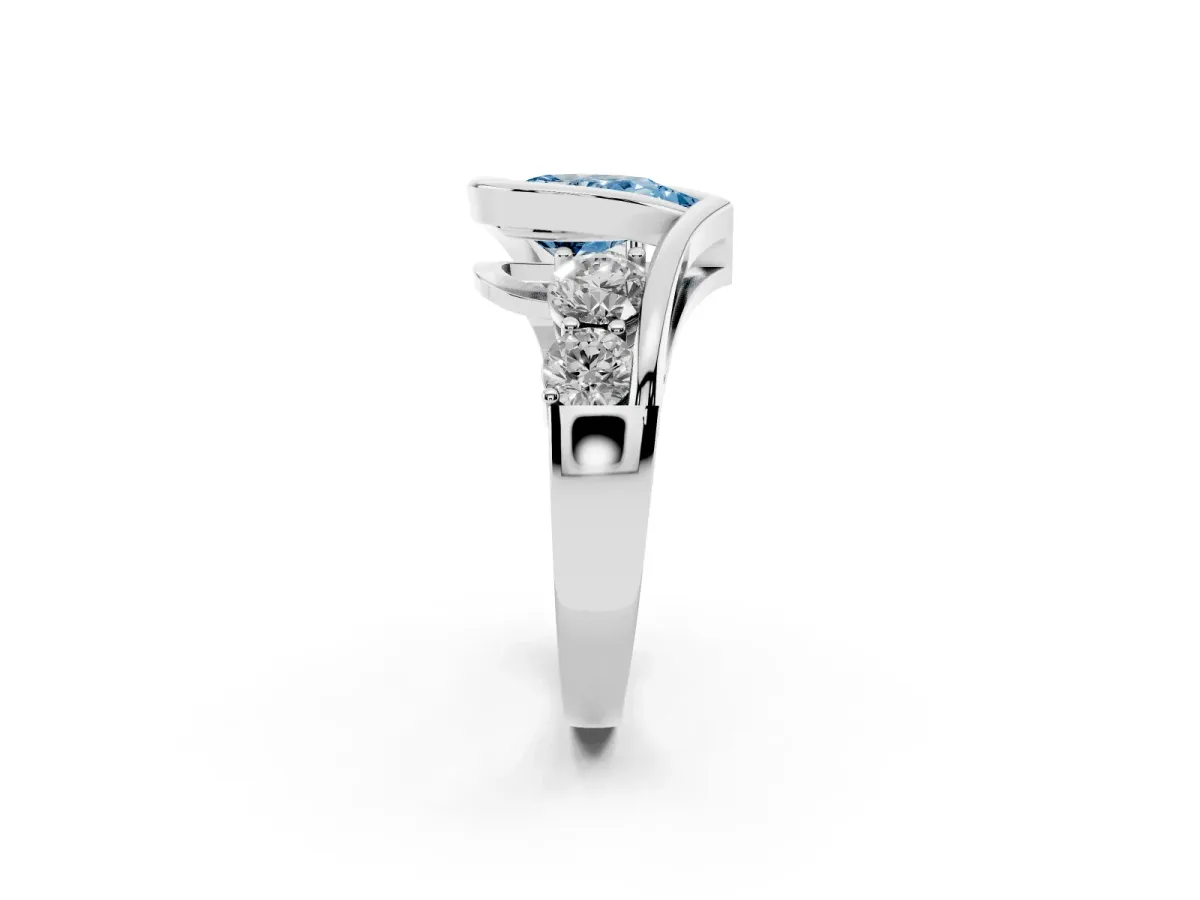 Fancy Blue Bezel Set Pear Cut Diamond Bypass Ring with Round Accents Platinum