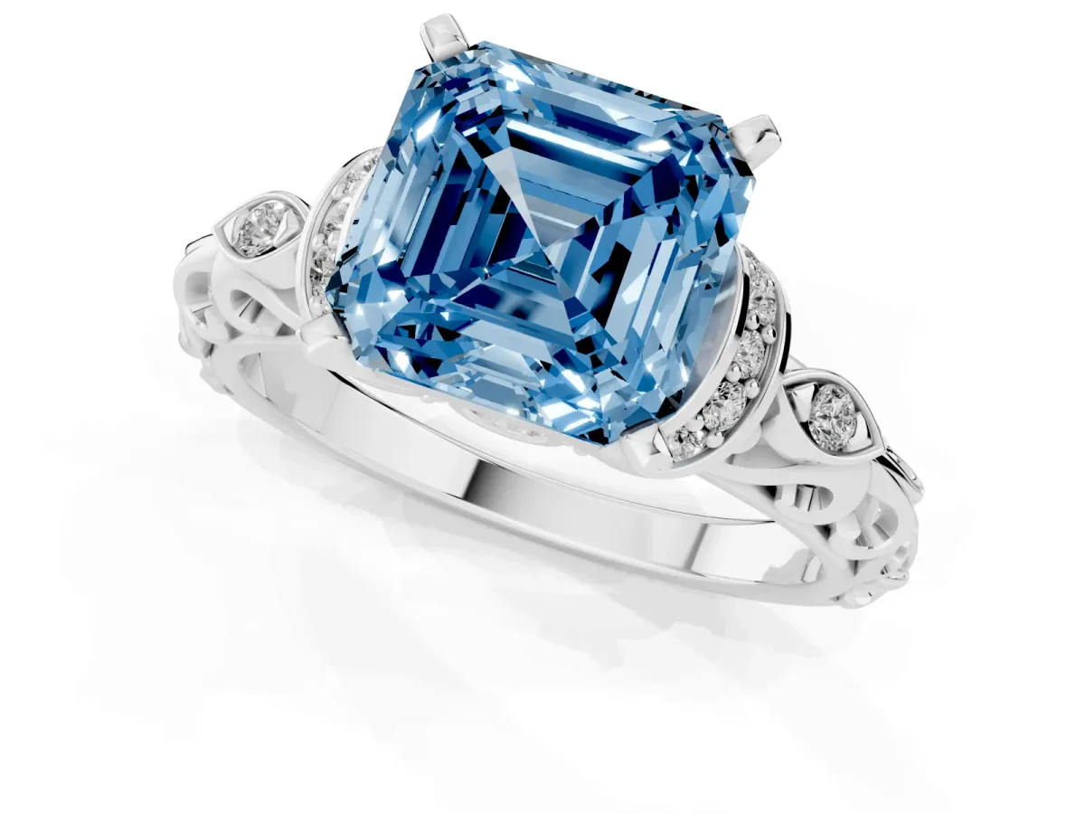 Fancy Blue Asscher Cut Diamond Solitaire Ring with Filigree Band and Four-Prong Setting Silver