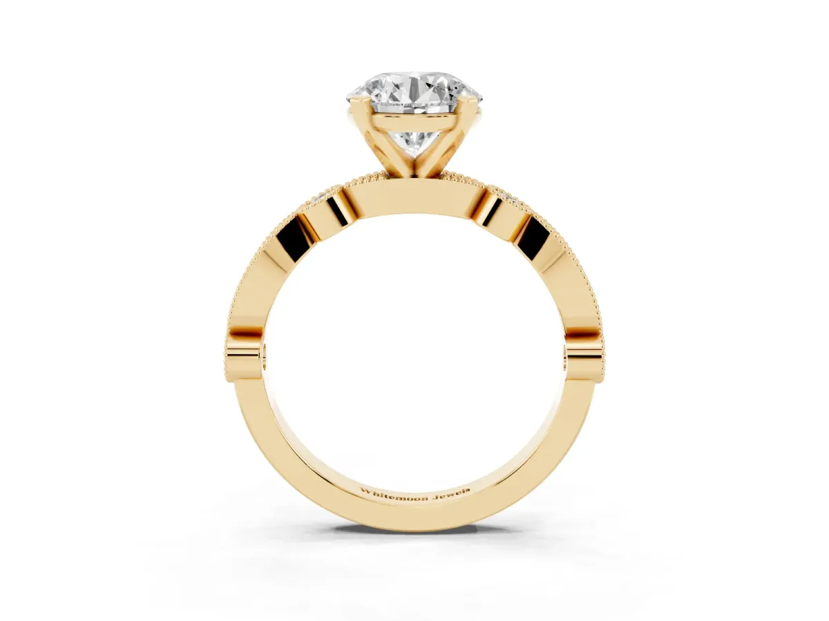 Round Cut Milgrain Bezel Diamond Engagement Ring with Solitaire Prong Setting Yellow gold