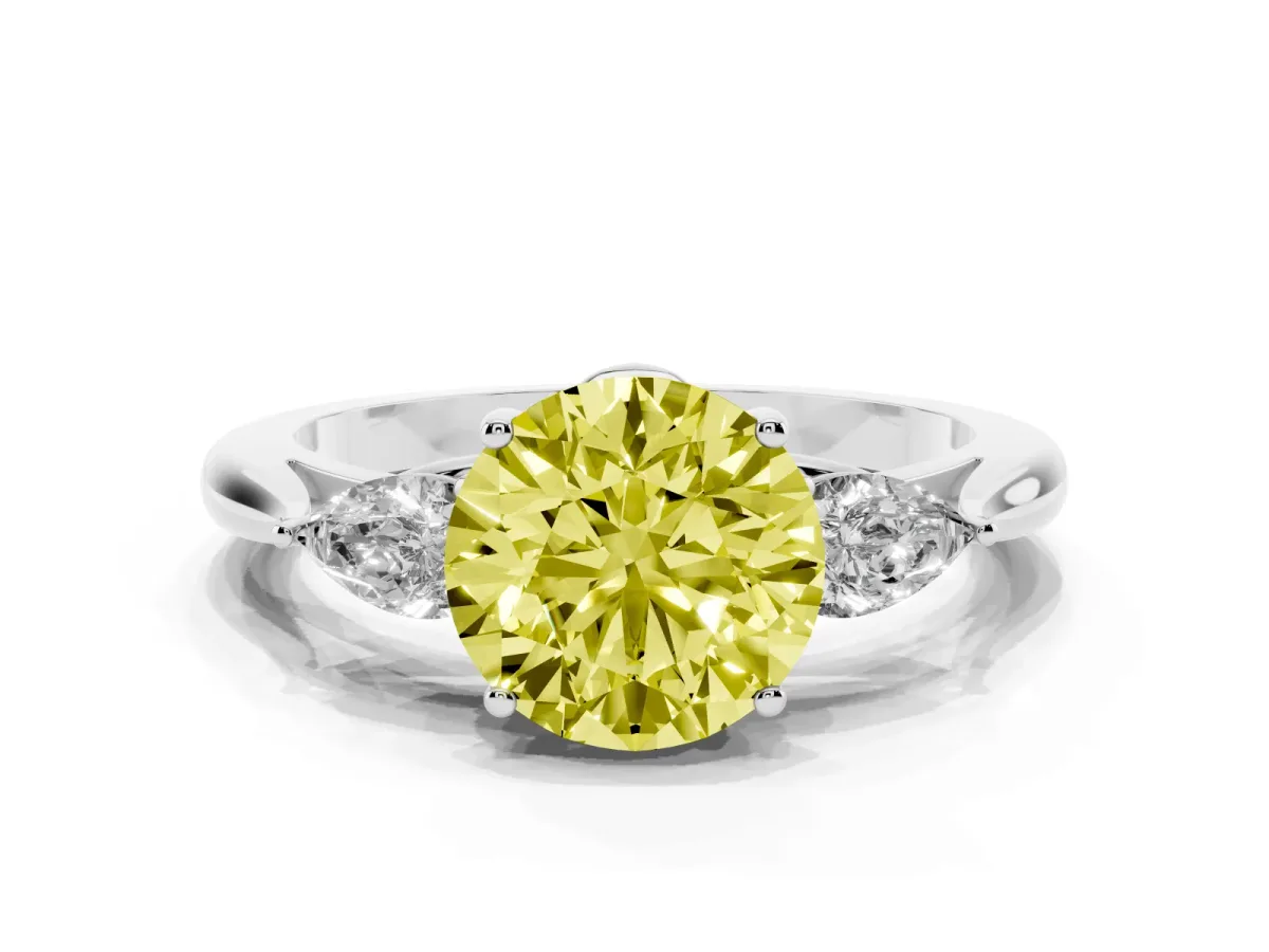 Fancy Yellow Round Cut Diamond Three-Stone Ring with Pear Side Stones and Prong Setting Silver