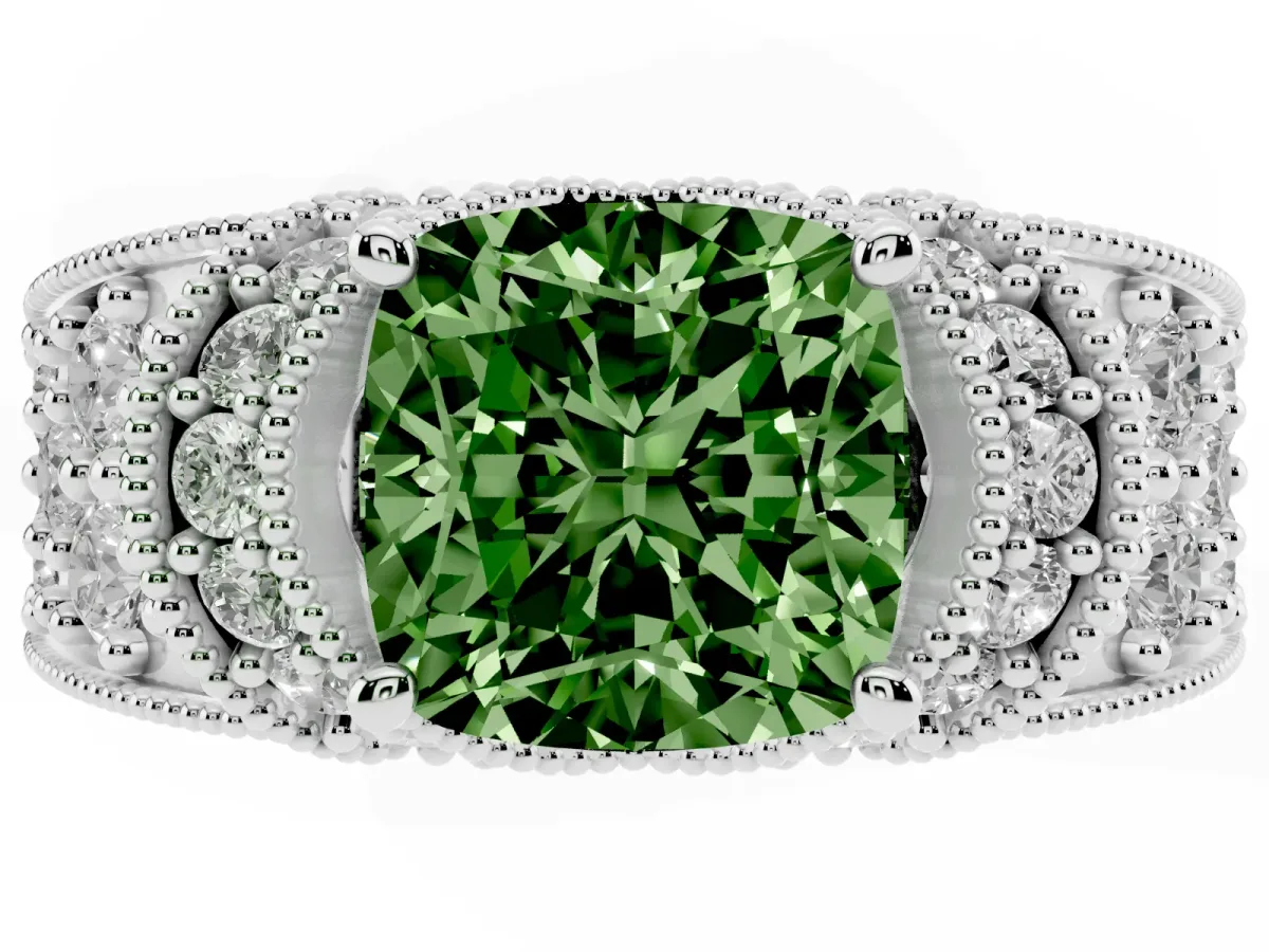 Fancy Green Cushion Cut Halo Pave Diamond Engagement Ring with Milgrain Detailing Silver