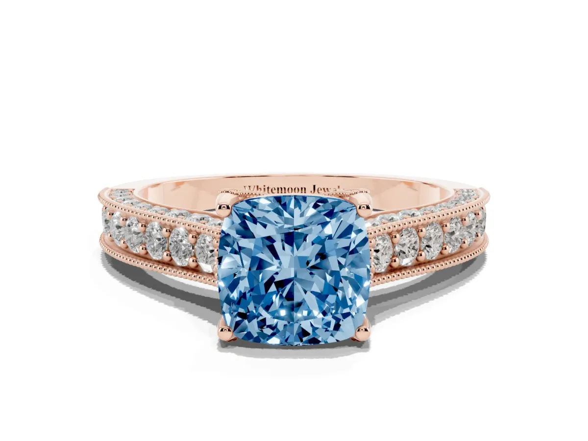 Fancy Blue Cushion Cut Cut Diamond Solitaire Ring with Milgrain Pave Band and Four Prong Setting Rose gold