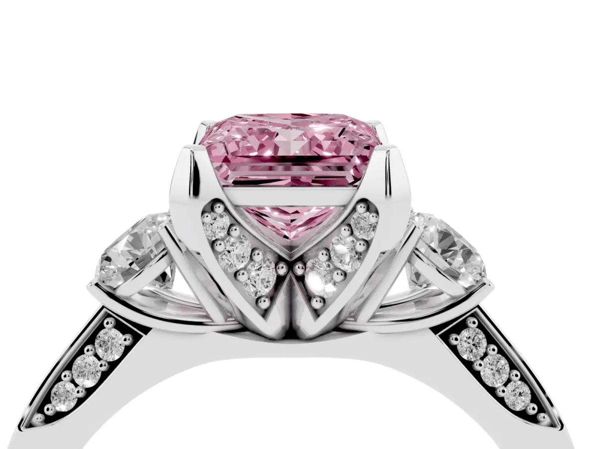Fancy Pink Princess Cut Brilliant Three-Stone Diamond Ring with Pavé Band and Four-Prong Setting Silver