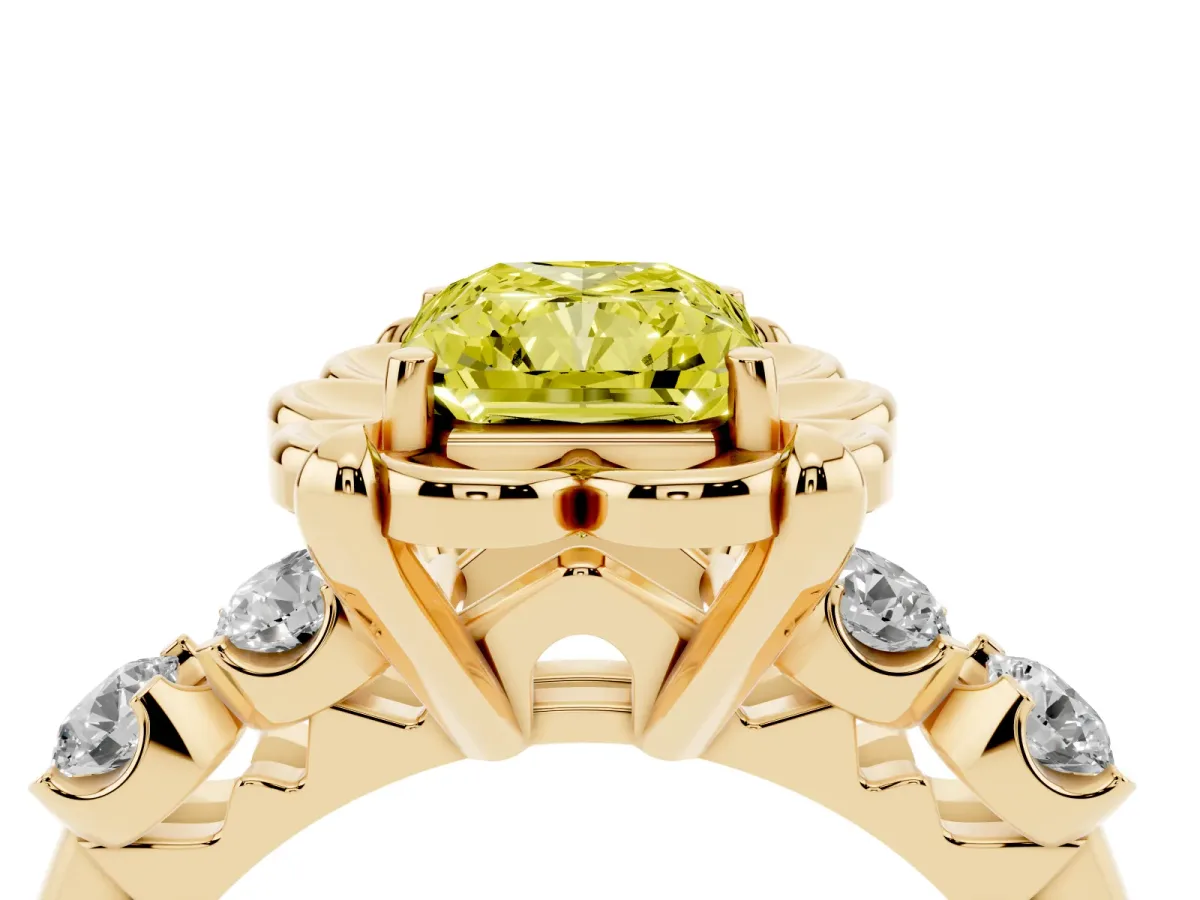Fancy Yellow Radiant Cut Cut Diamond Floral Halo Engagement Ring with Shared Prong Setting Yellow gold