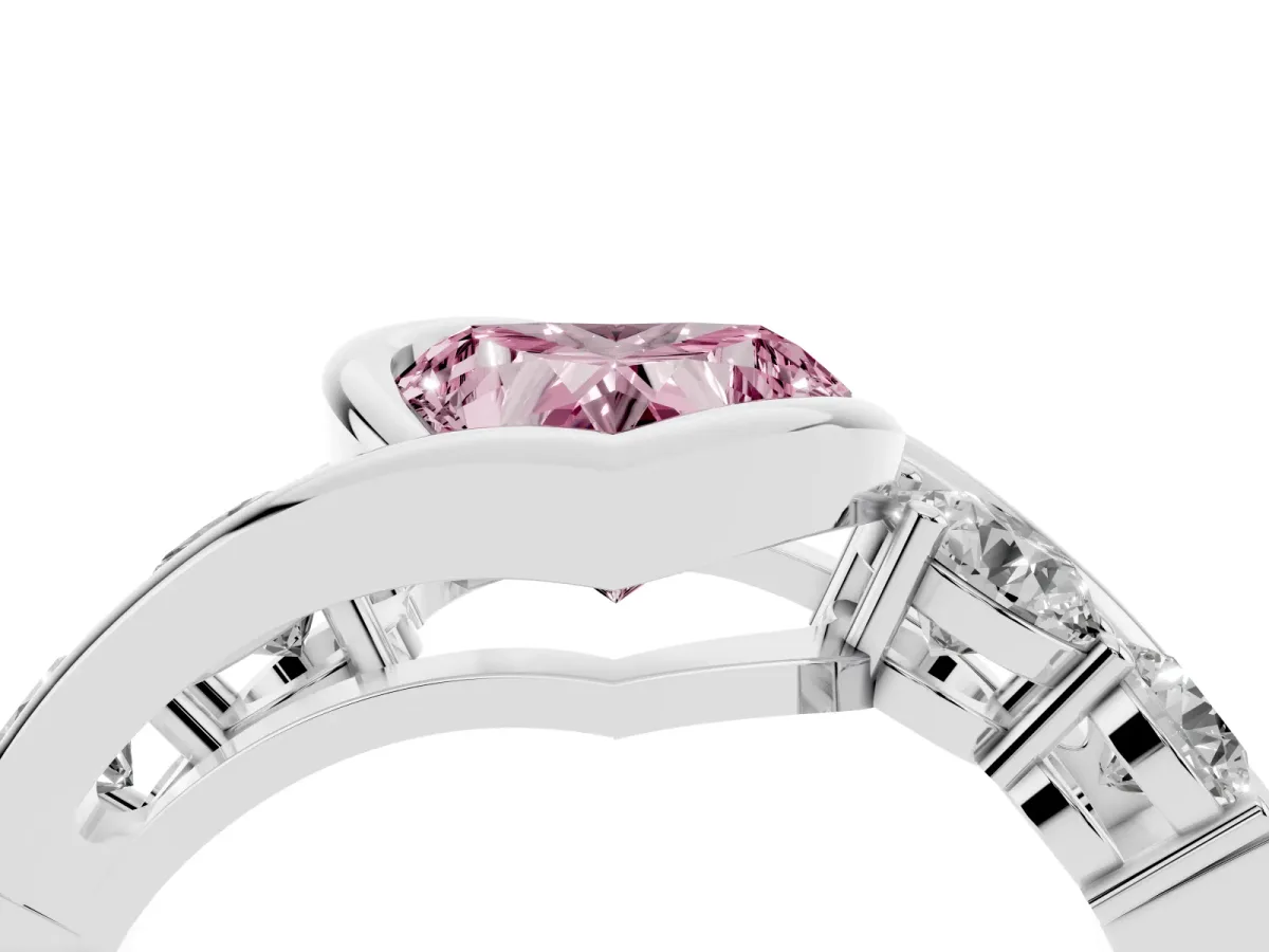Fancy Pink Bezel Set Heart Cut Diamond Bypass Ring with Round Accents Platinum