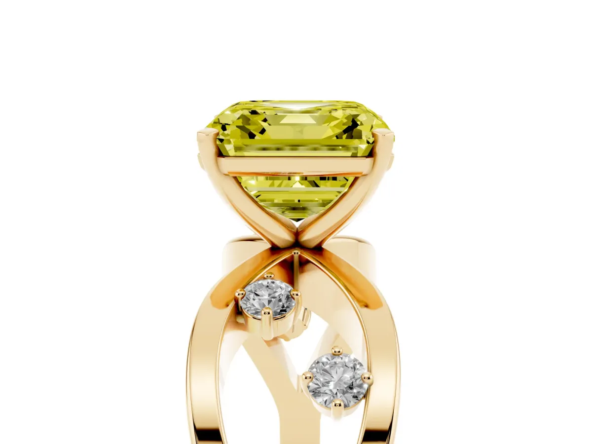 Fancy Yellow Asscher Cut Cut Solitaire Diamond with Side Stones on Criss-Cross Band and Four-Prong Setting Yellow gold