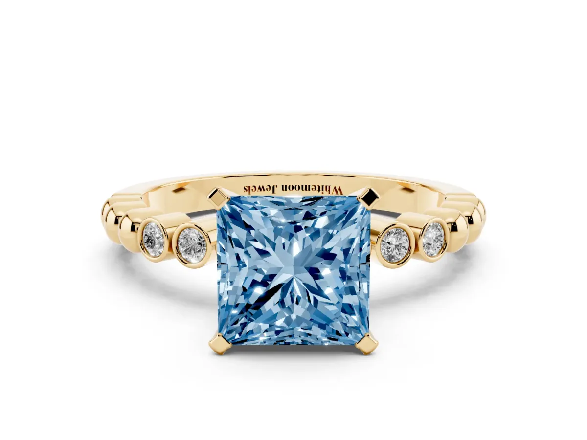 Fancy Blue Princess Cut Solitaire Bezel Accent Diamond Engagement Ring with Beaded Band and Four-Prong Setting Yellow gold