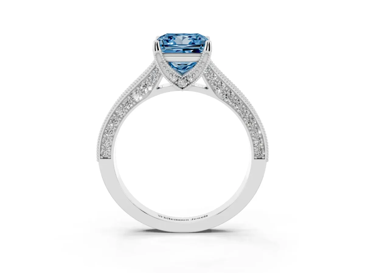 Fancy Blue Princess Cut Cut Diamond Solitaire Ring with Milgrain Pave Band and Four Prong Setting Silver
