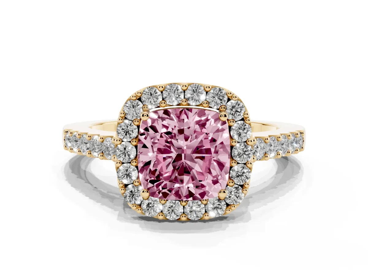 Fancy Pink Cushion Cut Halo Diamond Pavé Solitaire Ring Yellow gold
