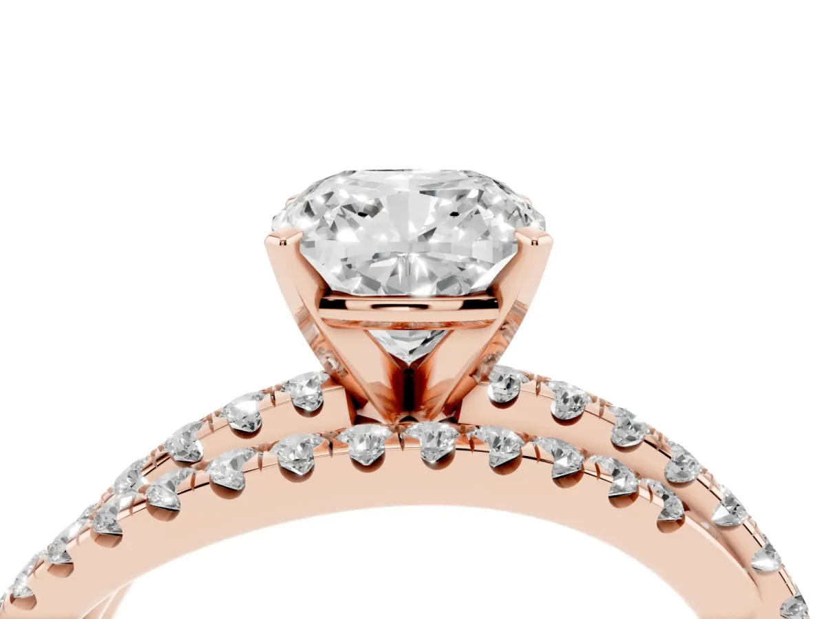 Cushion Cut Solitaire Twist Band with Pavé Setting and Four-Prong Setting Rose gold
