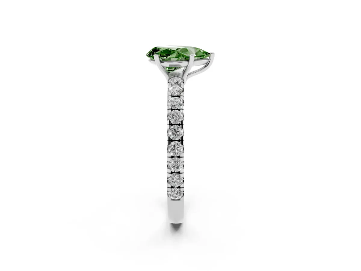 Fancy Green Pear Cut Diamond Pavé Solitaire Engagement Ring with Four-Prong Setting Silver