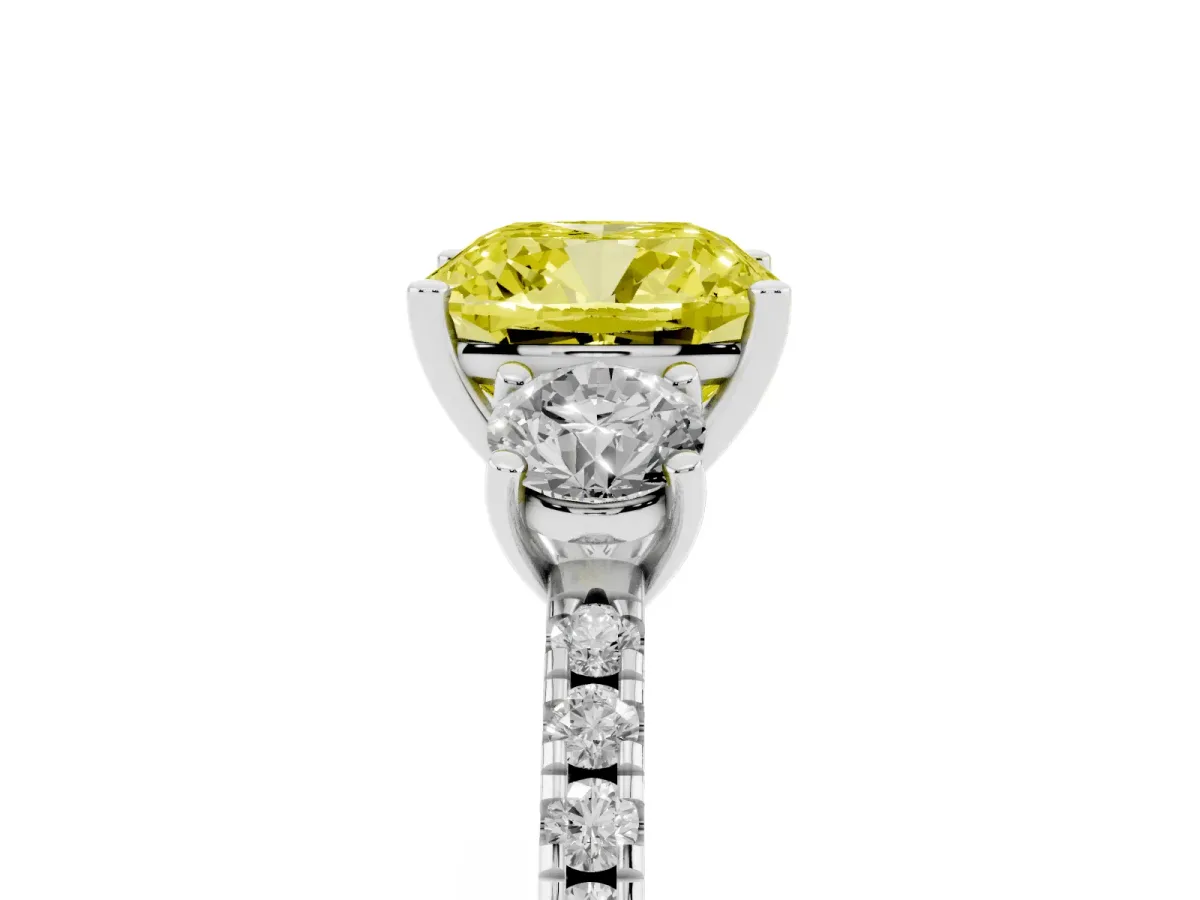 Fancy Yellow Three-Stone Cushion Cut Cut Diamond Pavé Band with Prong Setting Silver