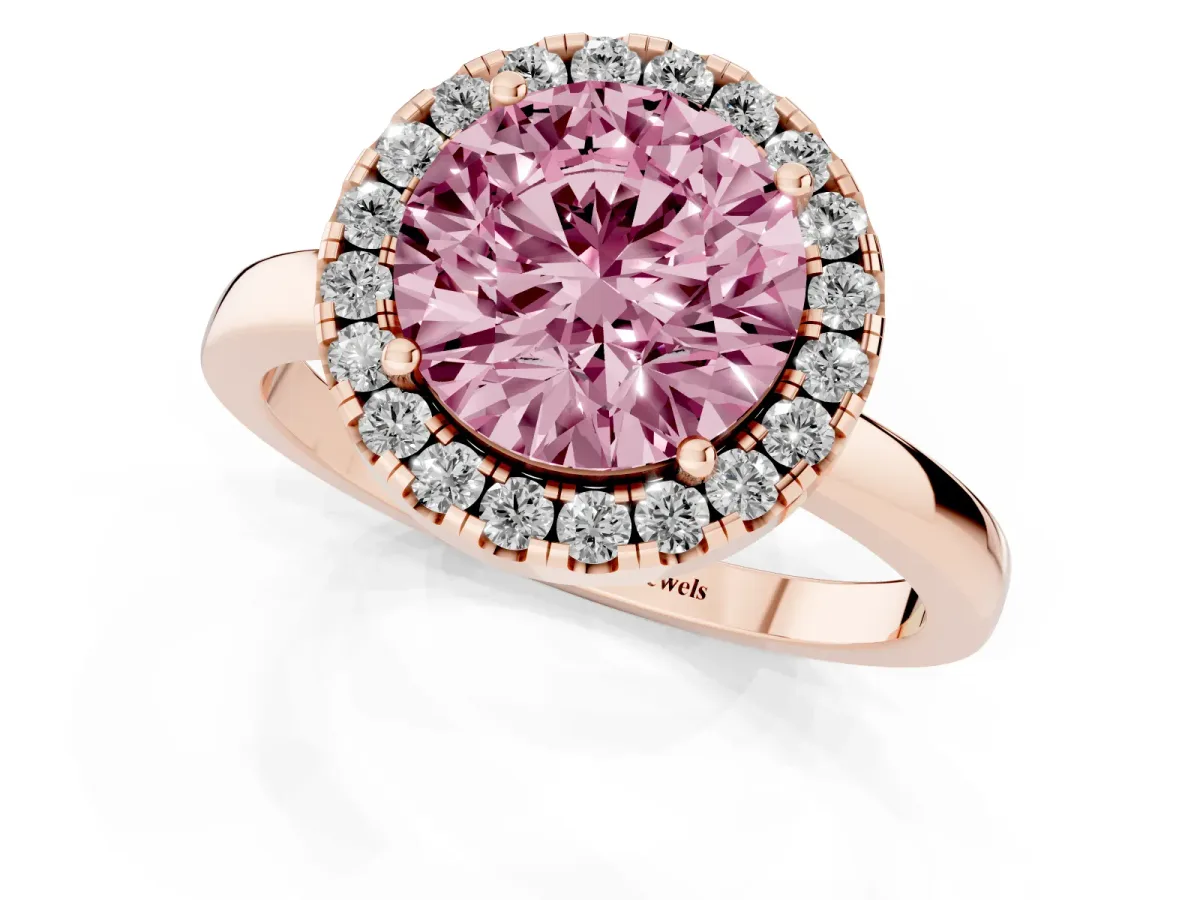 Fancy Pink Round Cut Halo Diamond Solitaire with Pavé Band and Four-Prong Setting Rose gold