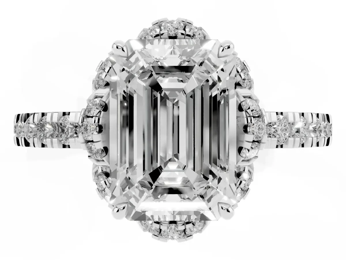 Emerald Cut Halo Diamond Pave Band Ring with Four-Prong Setting Platinum