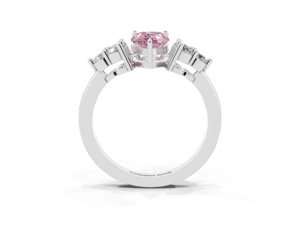 Fancy Pink Pear Cut Brilliant Diamond Cluster Accent Solitaire Ring with Prong Setting White gold