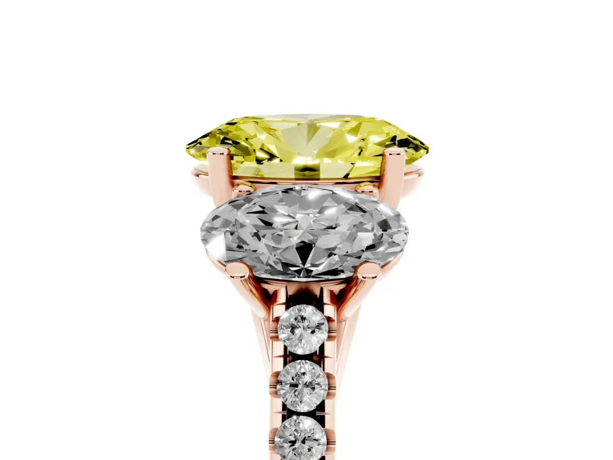 Fancy Yellow Three-Stone Oval Cut Diamond Ring with Round Pavé Band and Prong Setting Rose gold