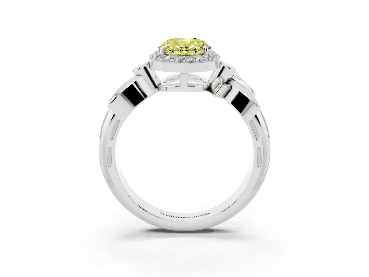 Fancy Yellow Oval Cut Halo Diamond Floral Band with Four-Prong Setting Silver