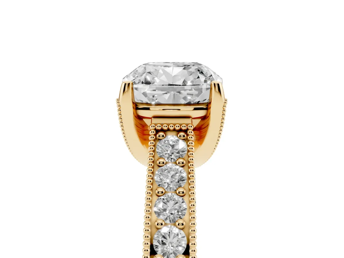 Cushion Cut Cut Diamond Solitaire Ring with Milgrain Pave Band and Four Prong Setting Yellow gold